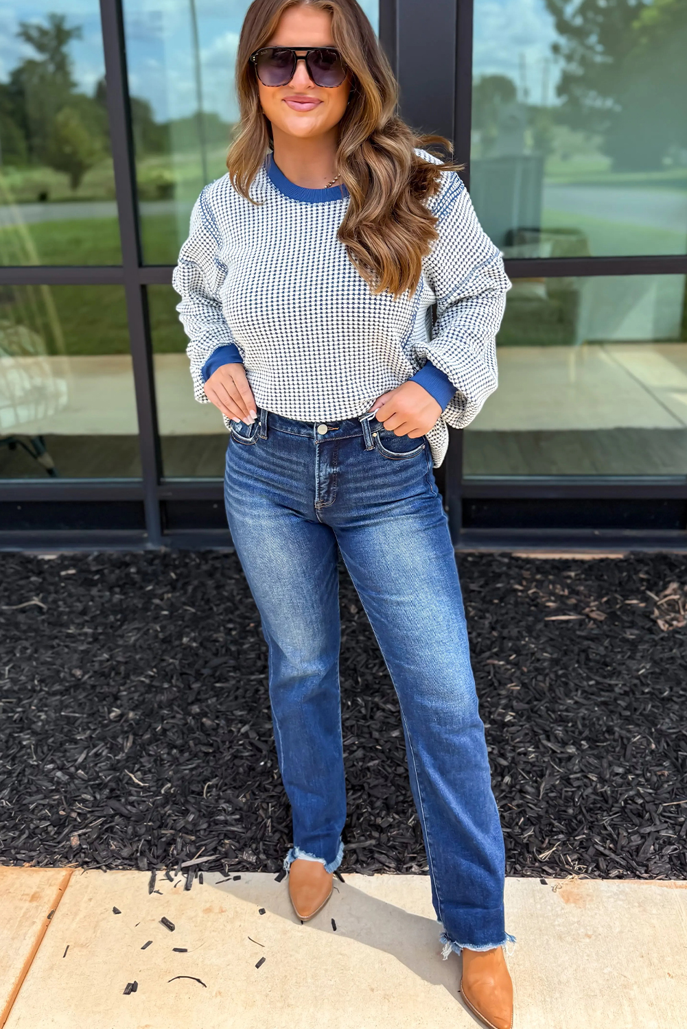 Dark Blue Waffle Knit Exposed Stitching Casual Top 766ee38d cd12 448e a52c e2cc2848f3cc